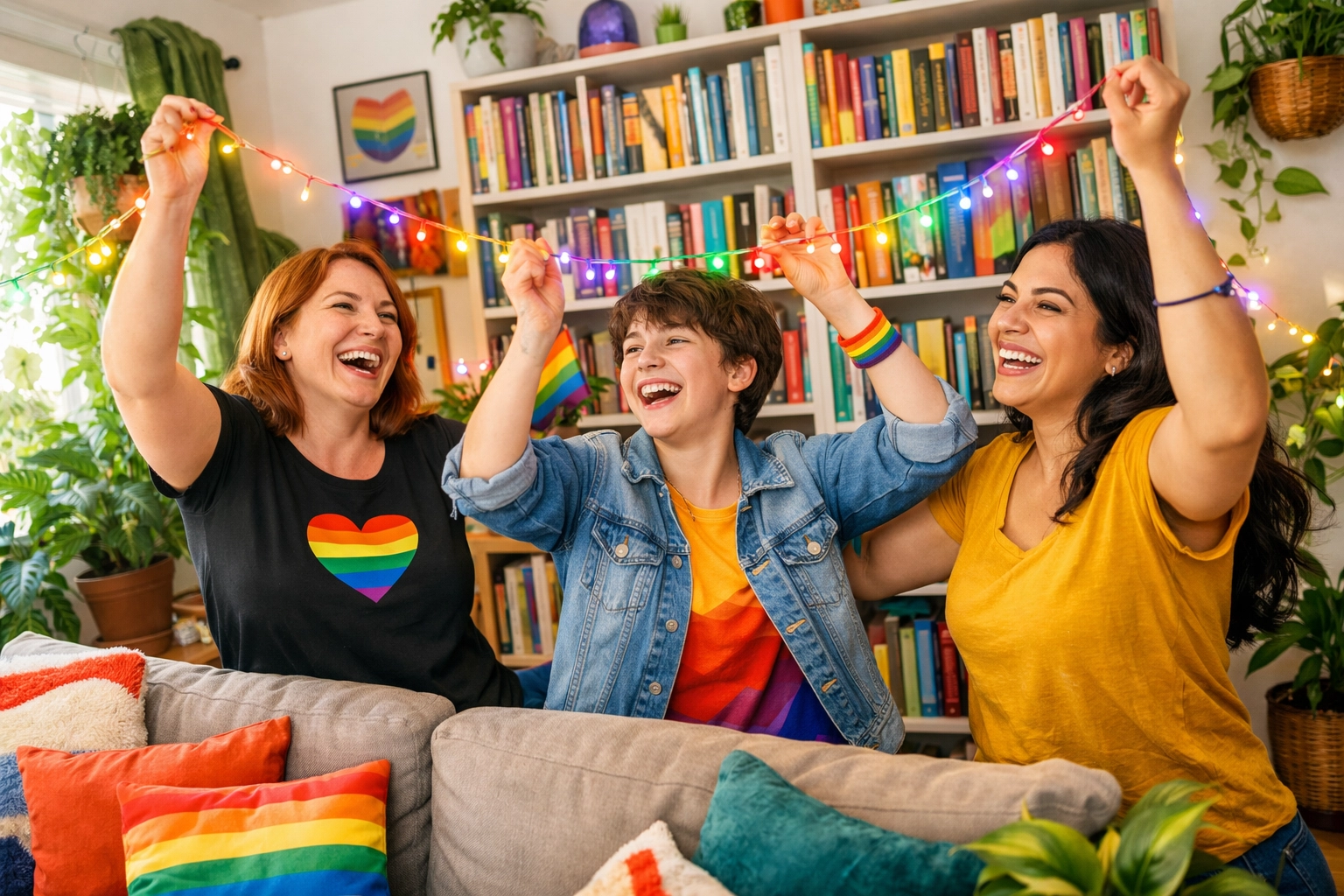 Two mothers and their non-binary child decorating their home with rainbow lights to celebrate pride and queer joy.