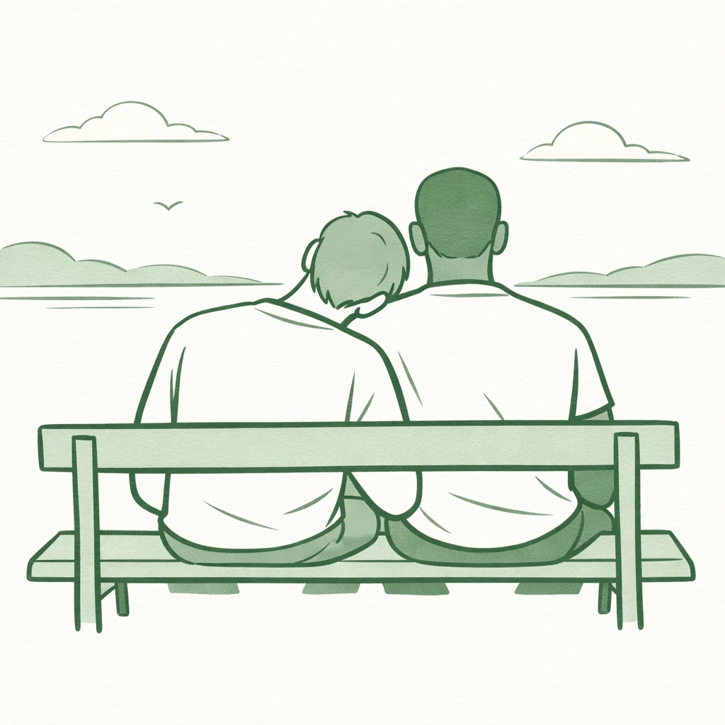 Hand-drawn illustration of two men sharing a quiet moment of queer love and emotional connection.