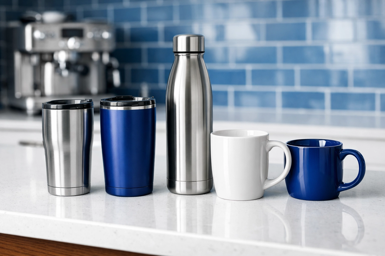 A collection of clean stainless steel travel tumblers and ceramic mugs on a white quartz countertop.
