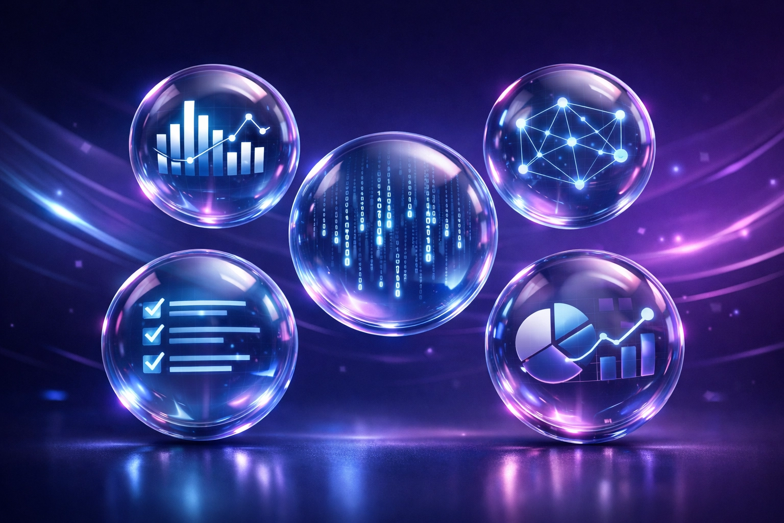 Five synchronized glowing orbs representing a team of AI employees handling business automation tasks.
