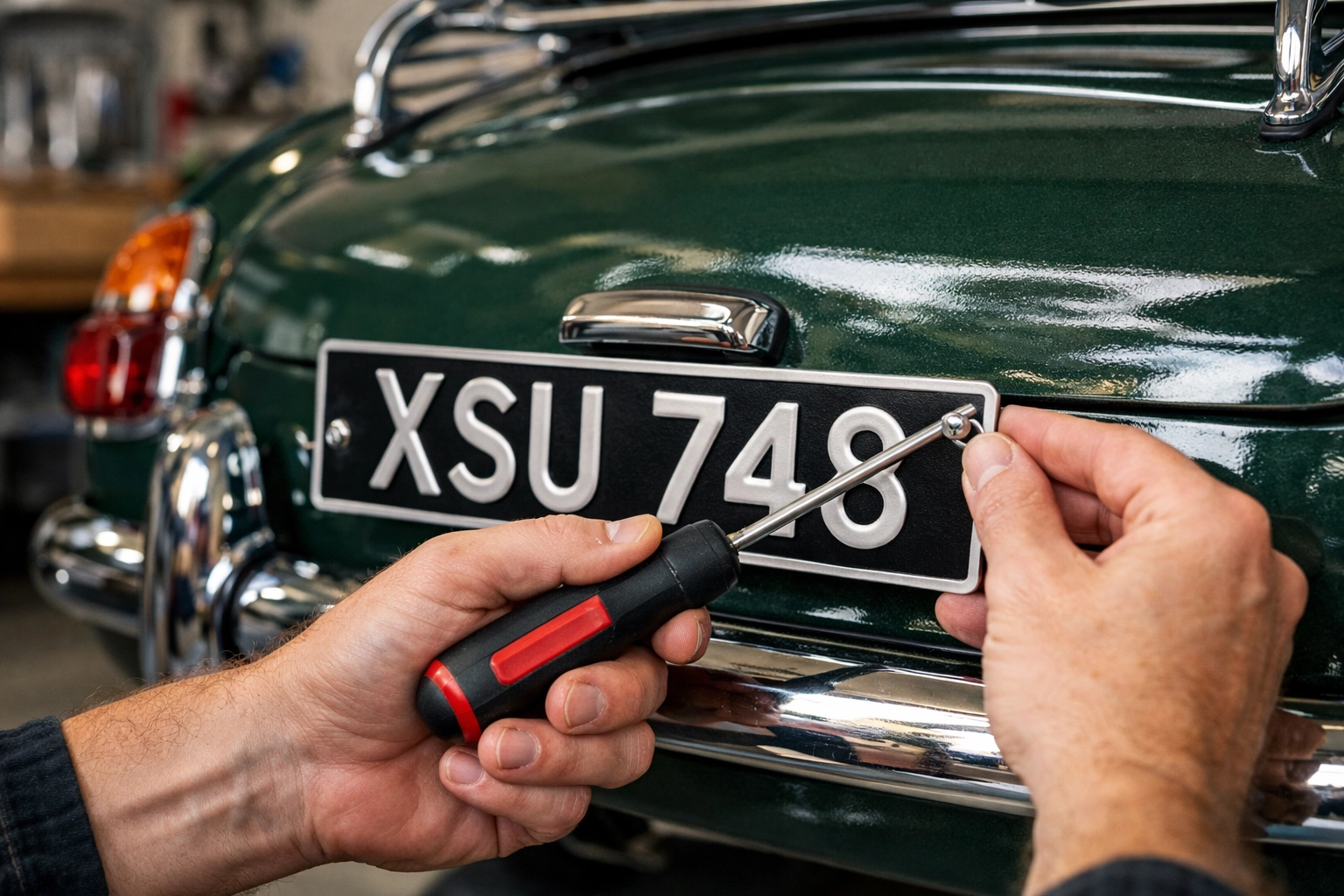 Installing a CT Early American plate on a classic sports car in a garage to finalize registration.