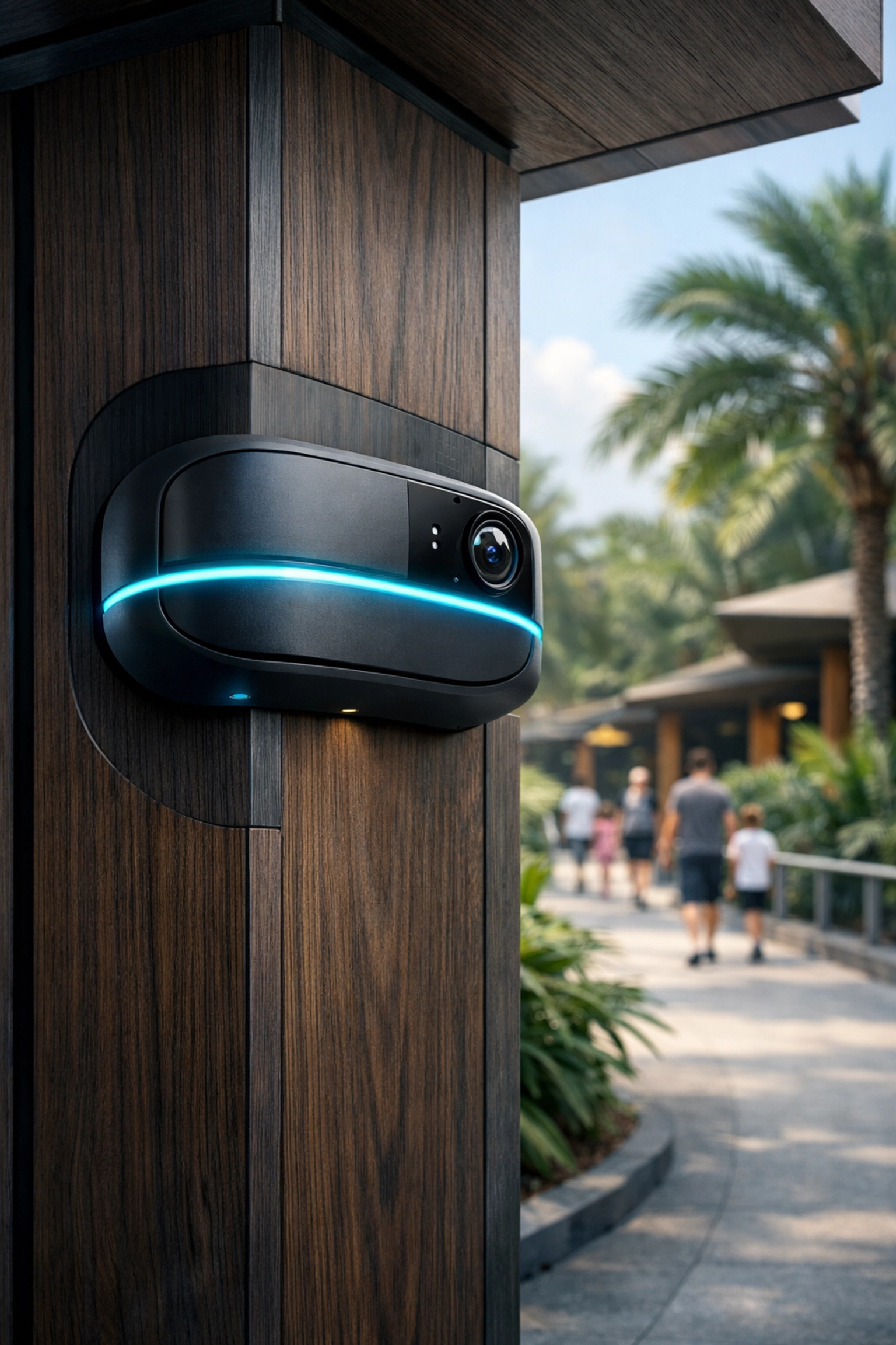 Integrated AI security camera and IoT sensor on a modern zoo pillar ensuring visitor safety and venue protection.