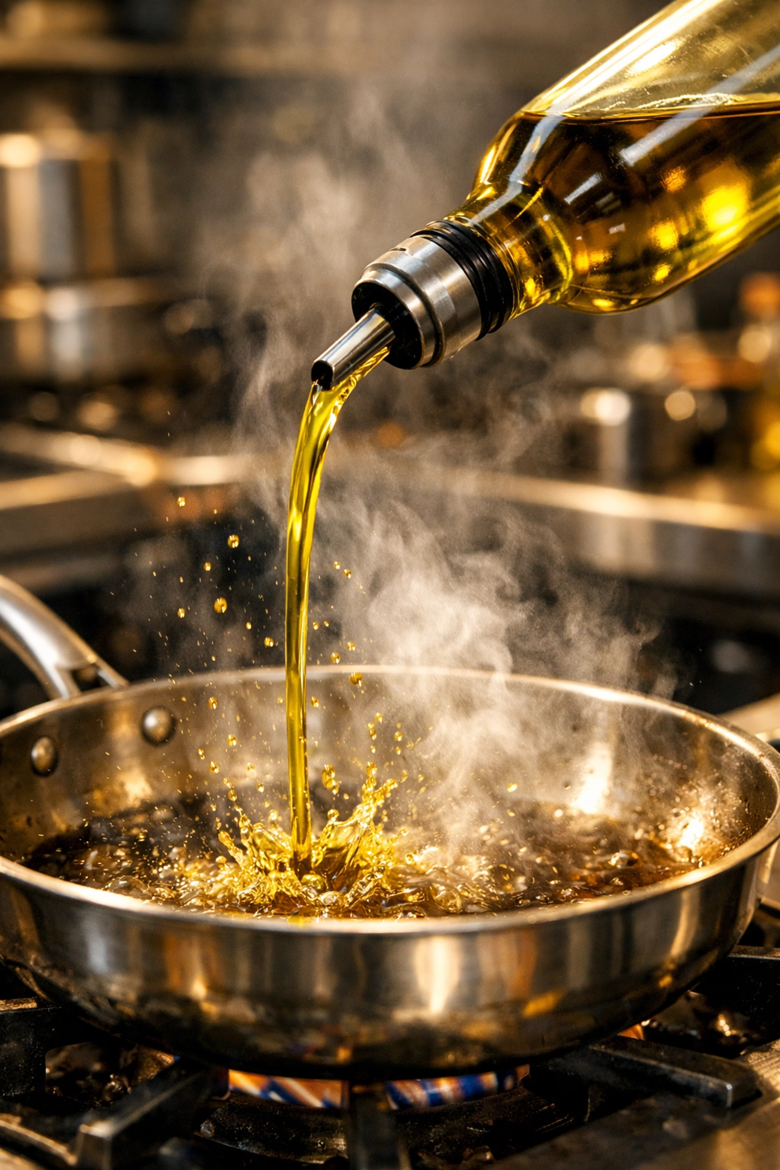 Extra virgin olive oil being poured into a pan, demonstrating stable fruit oils for healthy high-heat cooking.