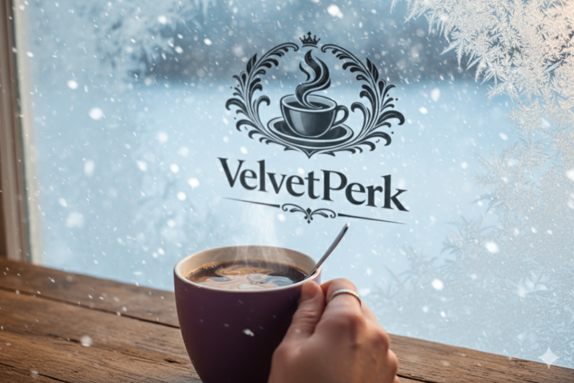 A hand holds a steaming cup of coffee against a snowy window