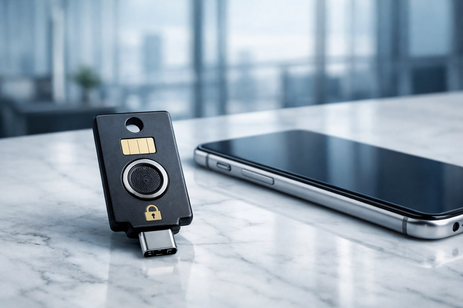 Hardware security key and smartphone highlighting taxpayer data security and IRS Publication 4557 compliance.