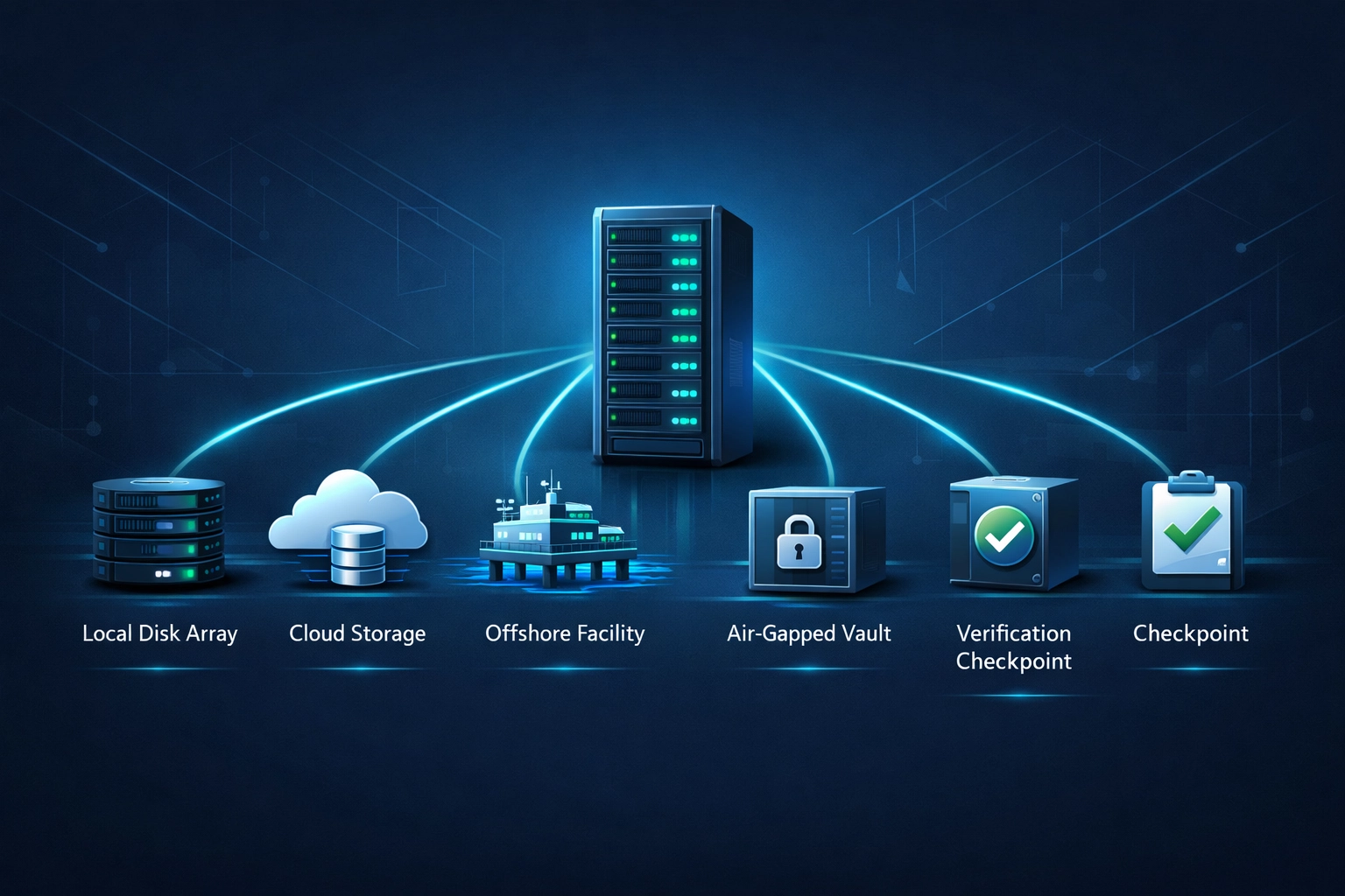 Modern backup architecture diagram showing 3-2-1-1-0 rule with multiple secure storage destinations