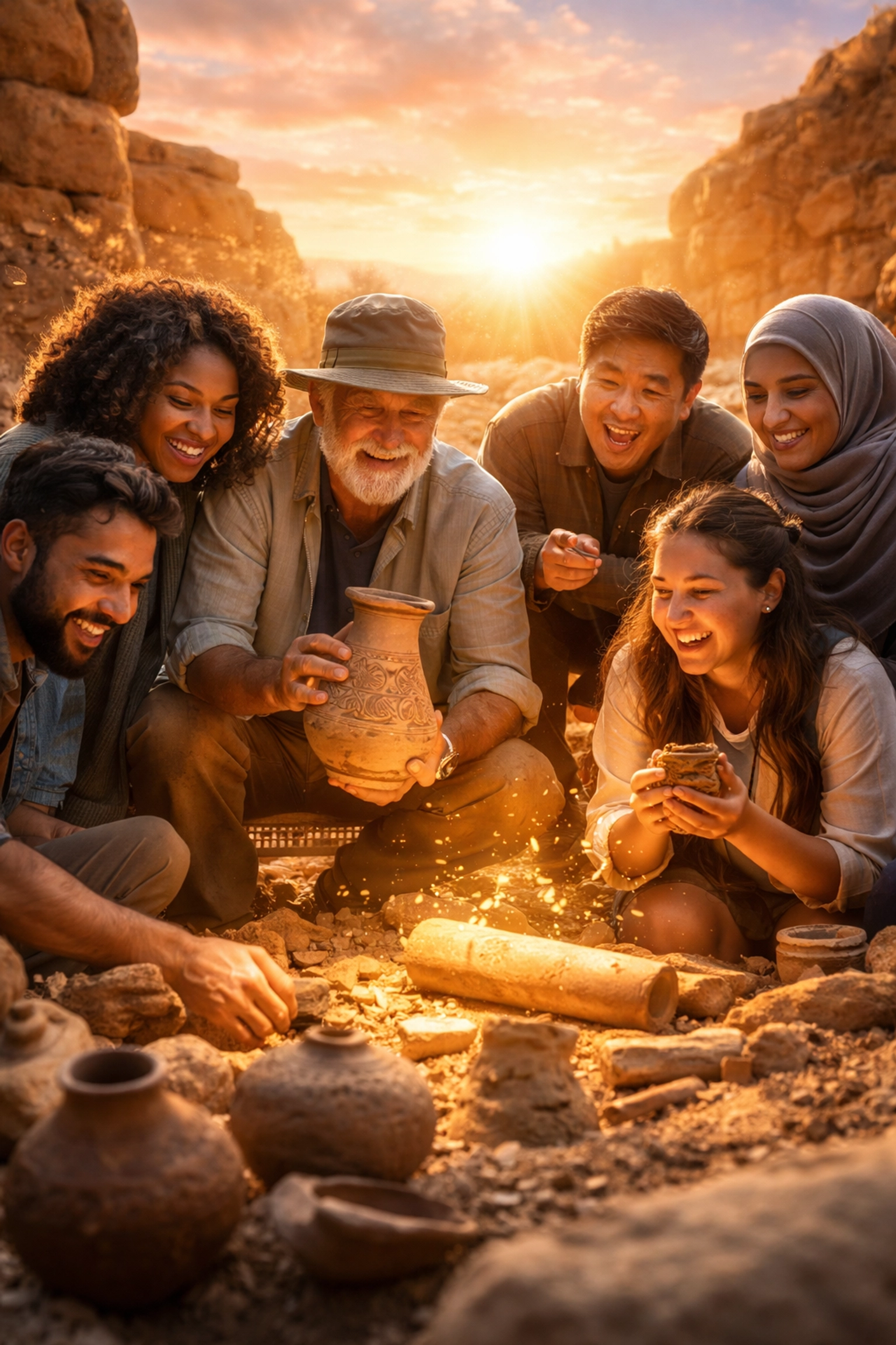 Diverse group exploring ancient ruins at sunrise, representing unity and the enduring impact of faith and archaeology