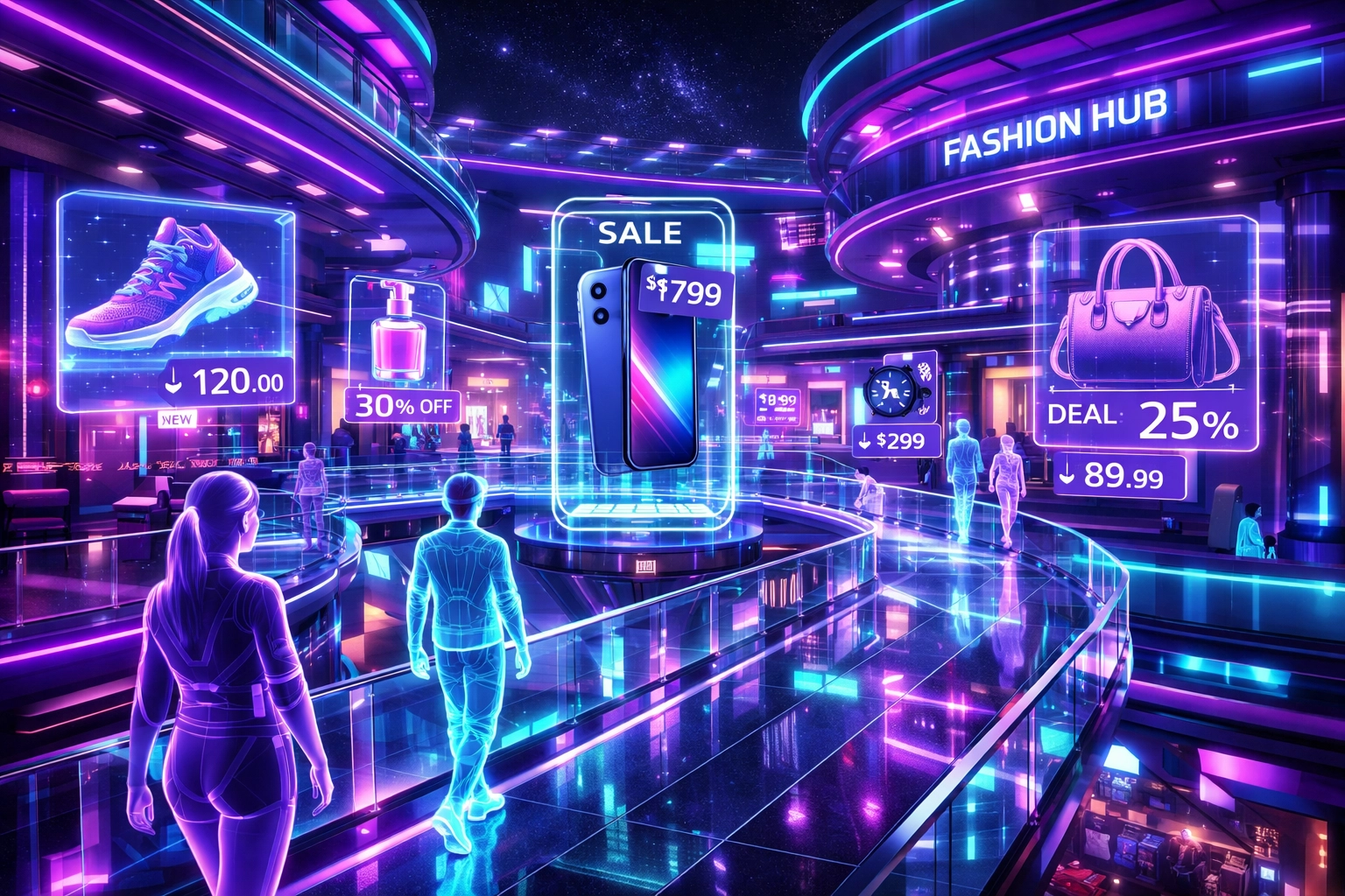 Virtual shopping mall in metaverse with avatar shoppers browsing holographic product displays