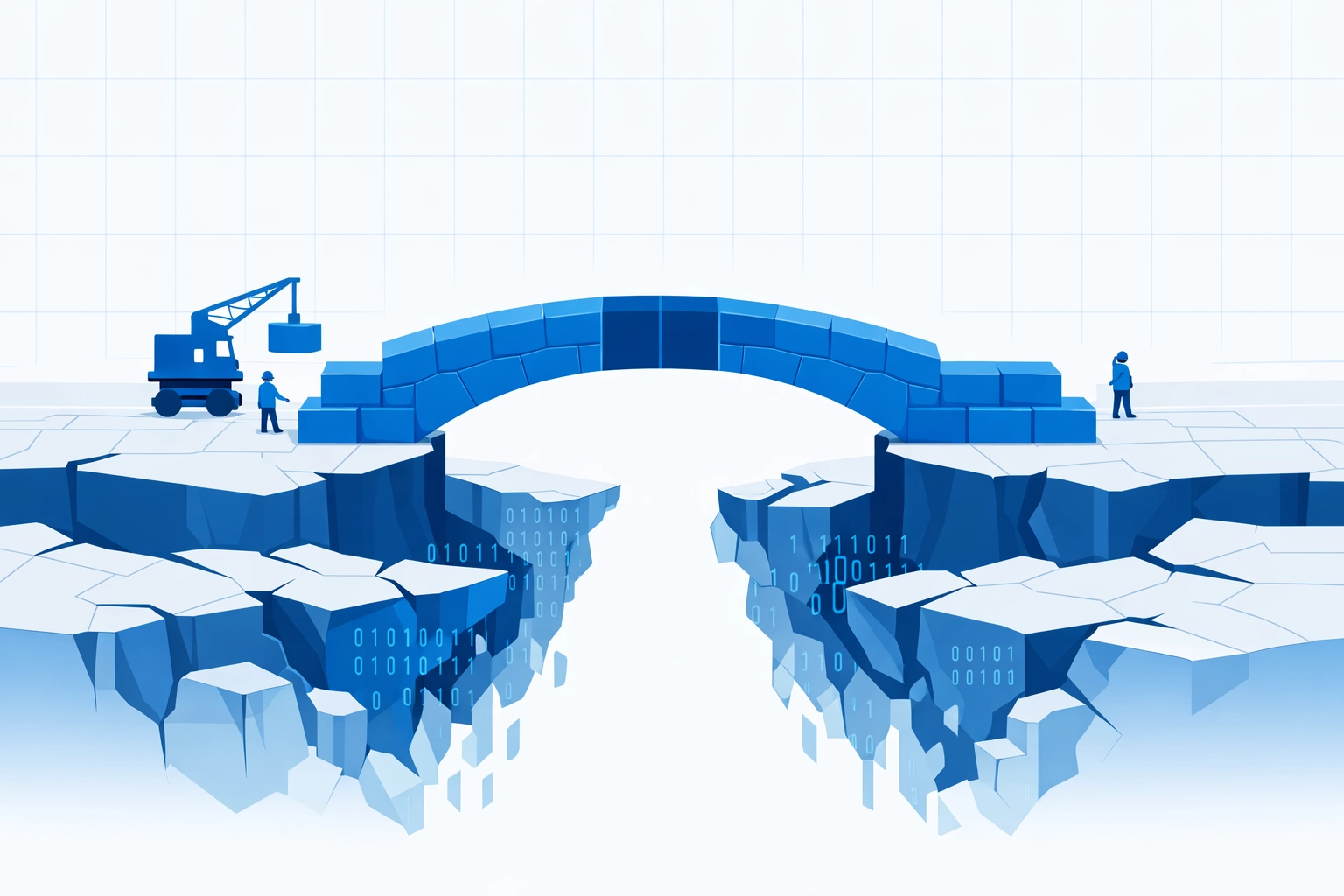 A blue digital bridge illustration showing insurance coverage gaps for ransomware and co-insurance