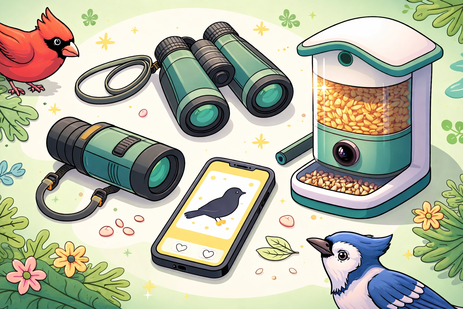 Flat lay illustration of birdwatching tech gear including binoculars, monocular, smart feeder, and birds, ideal for birdwatching gifts.