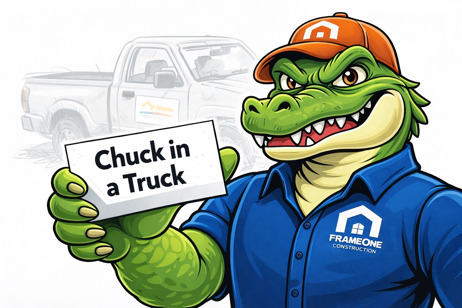 Al E. Gator (official FrameOne design) looking skeptical at a sketchy “Chuck in a Truck” business card—LLC doesn’t equal license.