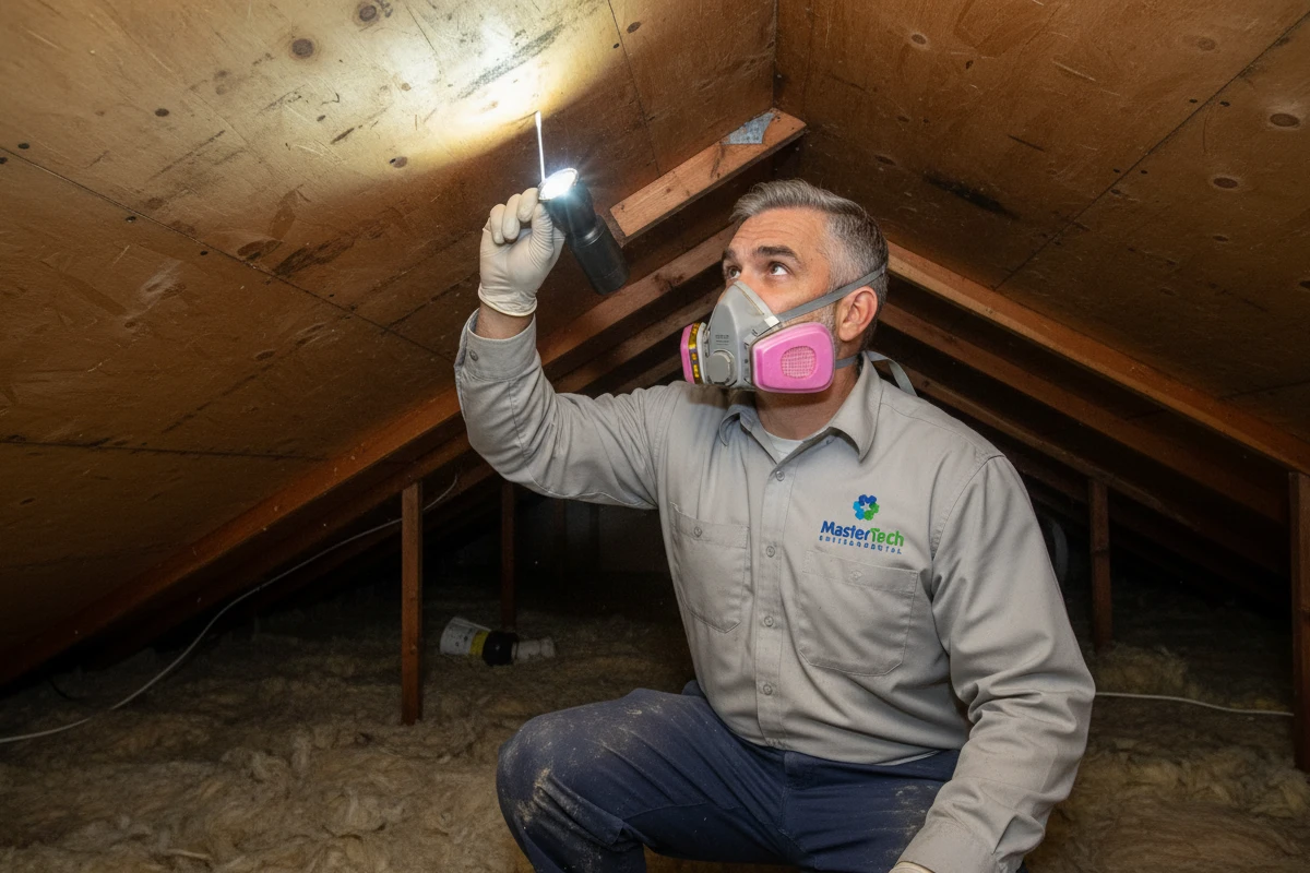 Mastertech Environmental technician inspects attic for mold