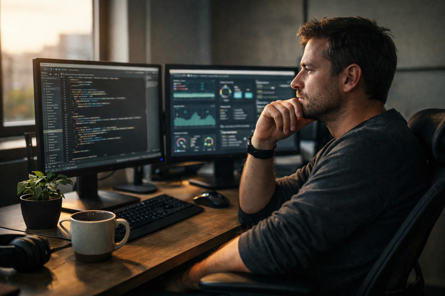 ServiceNow administrator at a workstation reflecting on the mental bandwidth needed for platform maintenance.