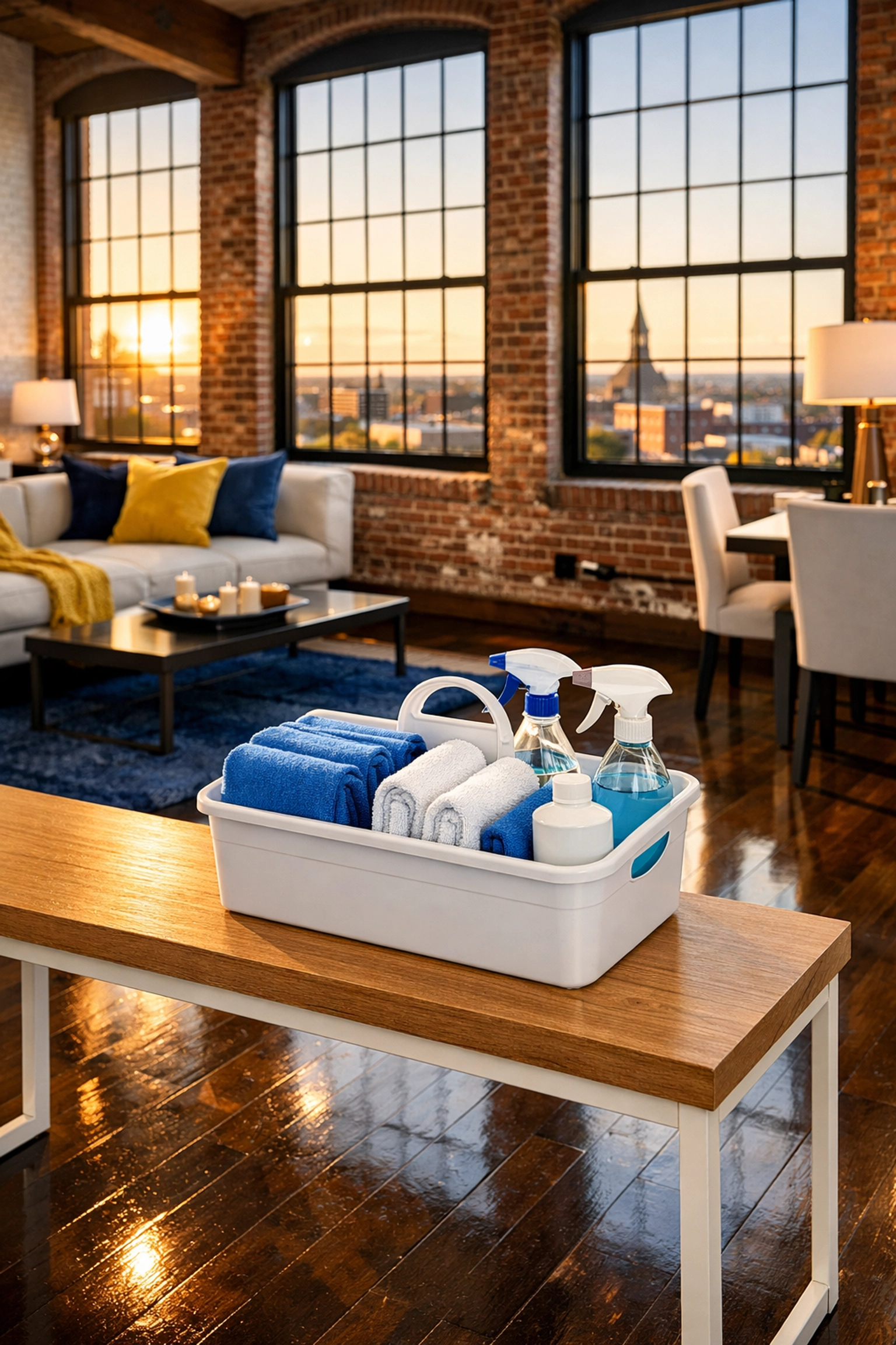 A cleaning caddy with professional supplies in a historic Lowell mill apartment for move-out cleaning.