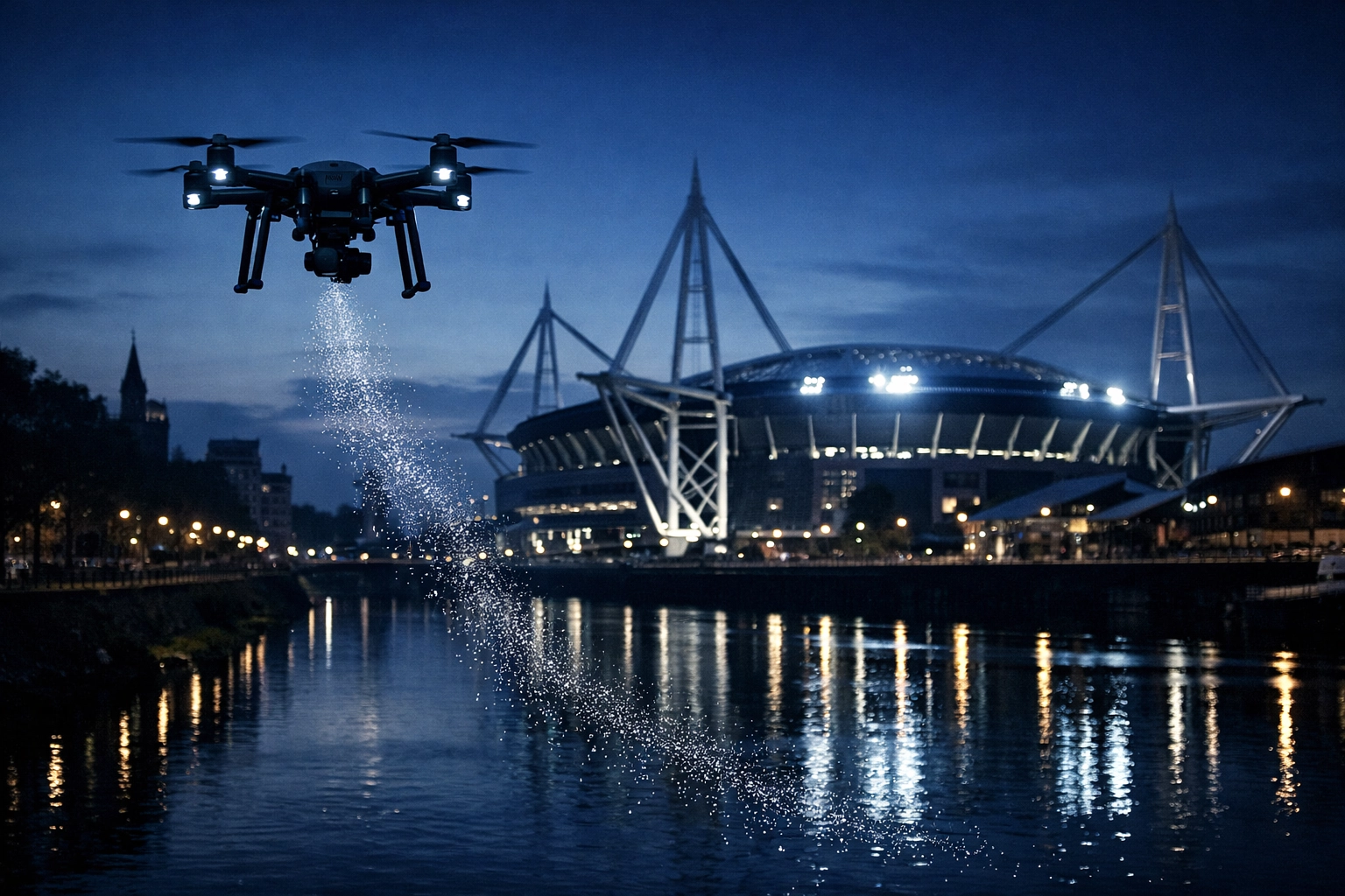 Professional drone releasing ashes over Cardiff Arms Park stadium during a peaceful evening memorial service.
