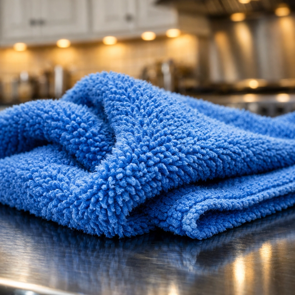 Close-up of a blue microfiber cloth used for eco-friendly stainless steel cleaning and polishing.
