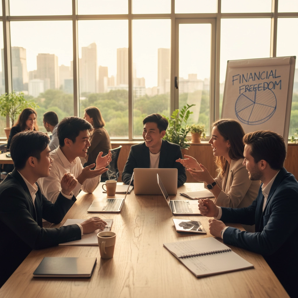 Business team discussing at a table with laptops. "Financial Freedom" on a flipchart. Large window view of cityscape. Collaborative mood.