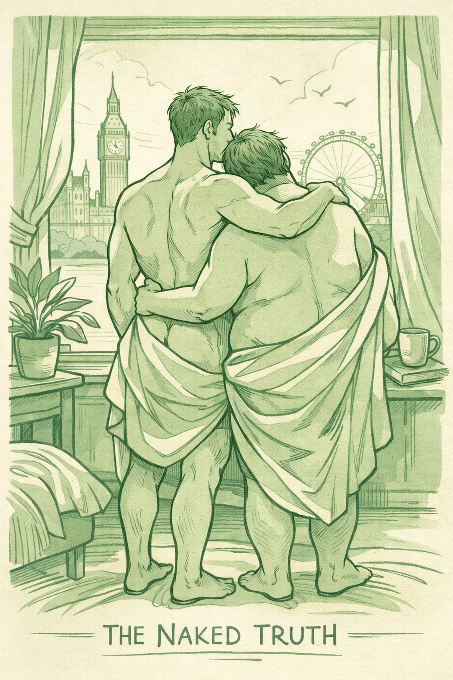 A diverse gay couple looking over London, representing body positivity and liberation in queer fiction.
