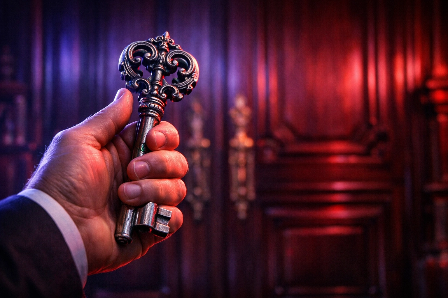 A silver key opening a library door representing 508(c)(1)(a) ministry trust asset protection.