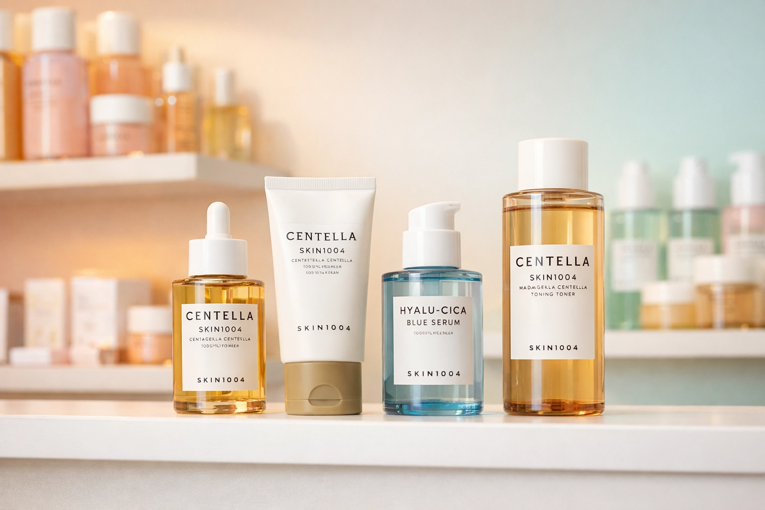 Korean skincare retail display featuring SKIN1004 wholesale products on store shelves