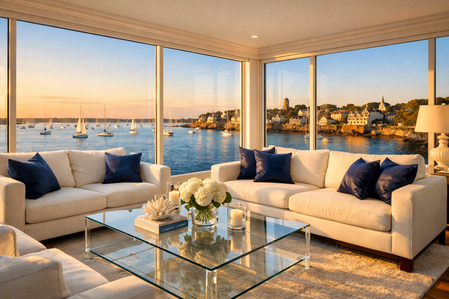 Pristine Marblehead living room with harbor views after professional luxury cleaning.