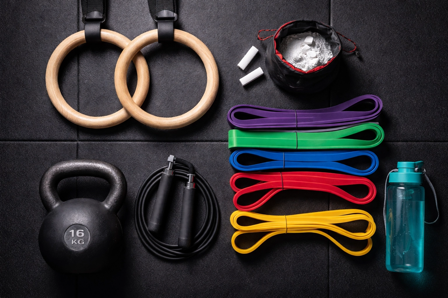 Essential home gym equipment including gymnastic rings, resistance bands, and kettlebell for full body workouts