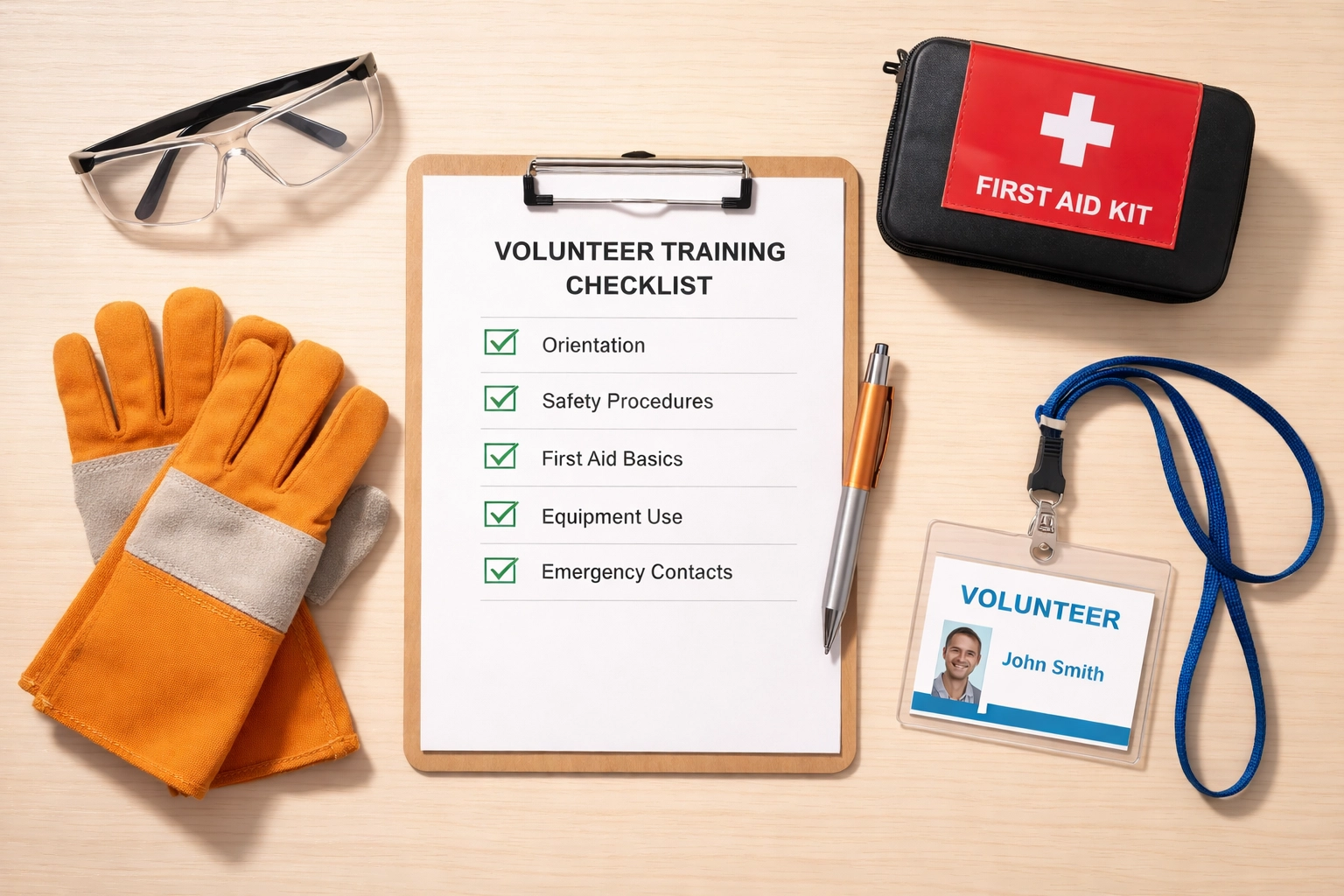Volunteer safety training materials including checklist and first aid kit laid out for nonprofit staff.
