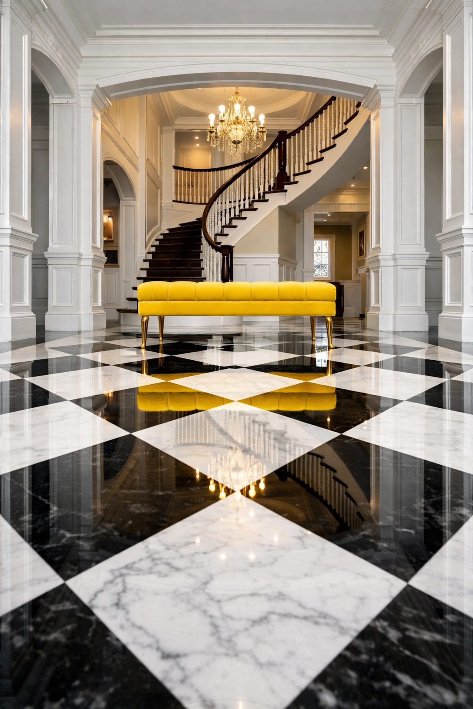 Mirror-finish marble foyer in a Hingham estate showcasing professional eco-friendly luxury cleaning.