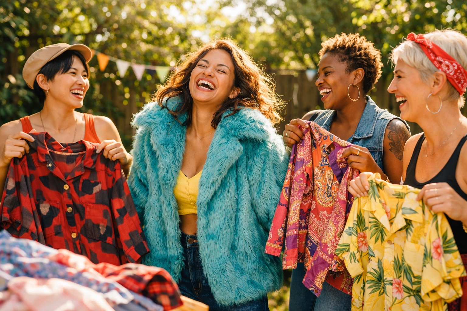 Queer women smiling and exchanging vintage clothes at an outdoor clothing swap event.