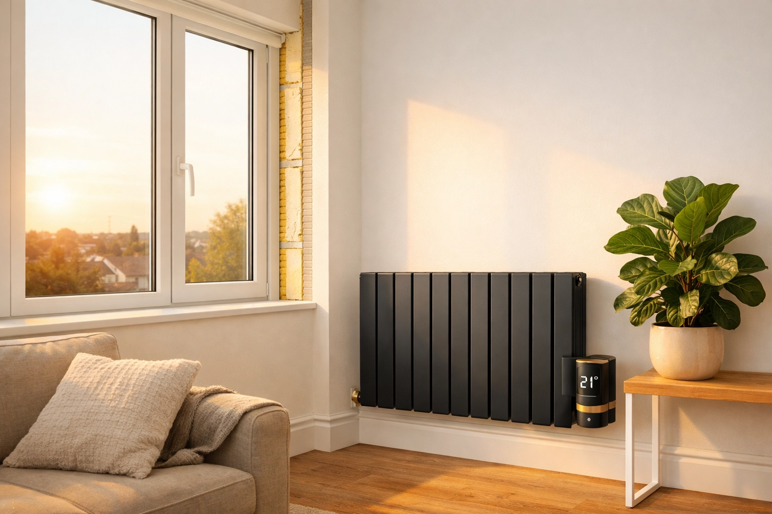 Energy-efficient rental property interior with modern heating and double glazing