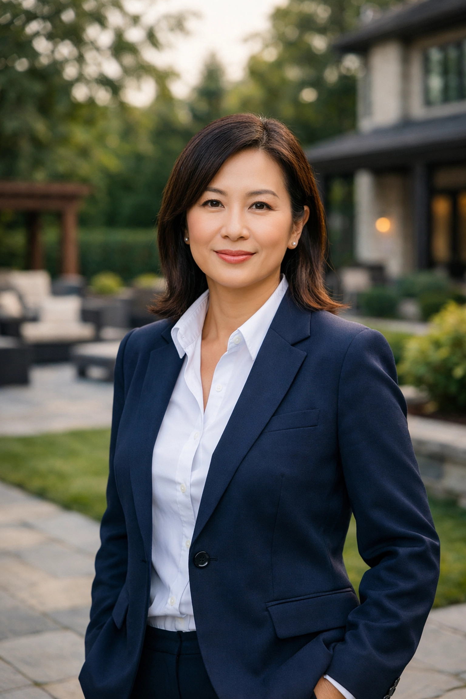 Cathy Dou, Broker of Record, offering expert real estate guidance in a beautiful Markham backyard.