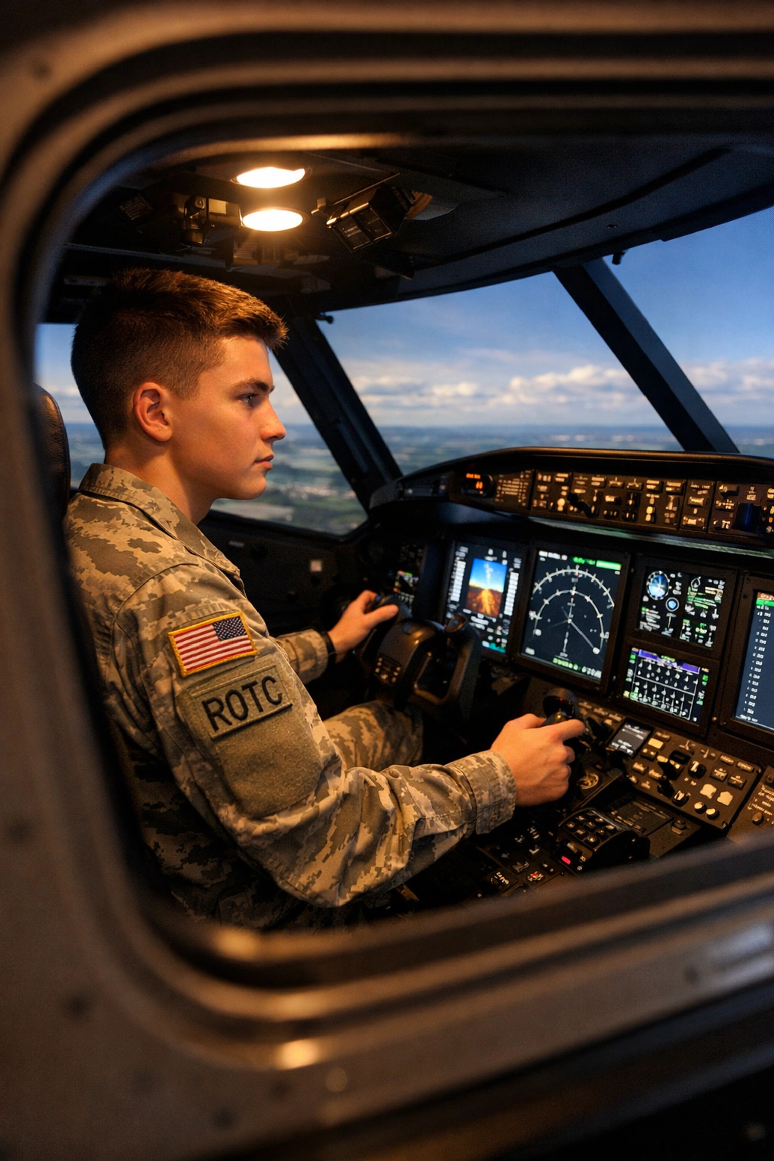 ROTC cadet training in professional flight simulator cockpit with instrument displays