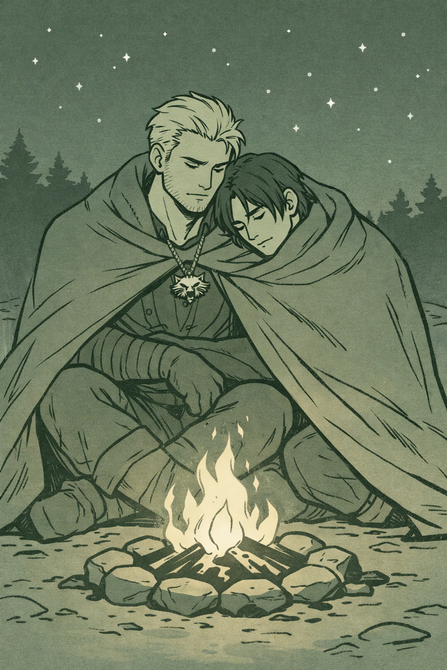 MM couple wrapped in witcher's cloak by campfire under stars - intimate gay fantasy scene