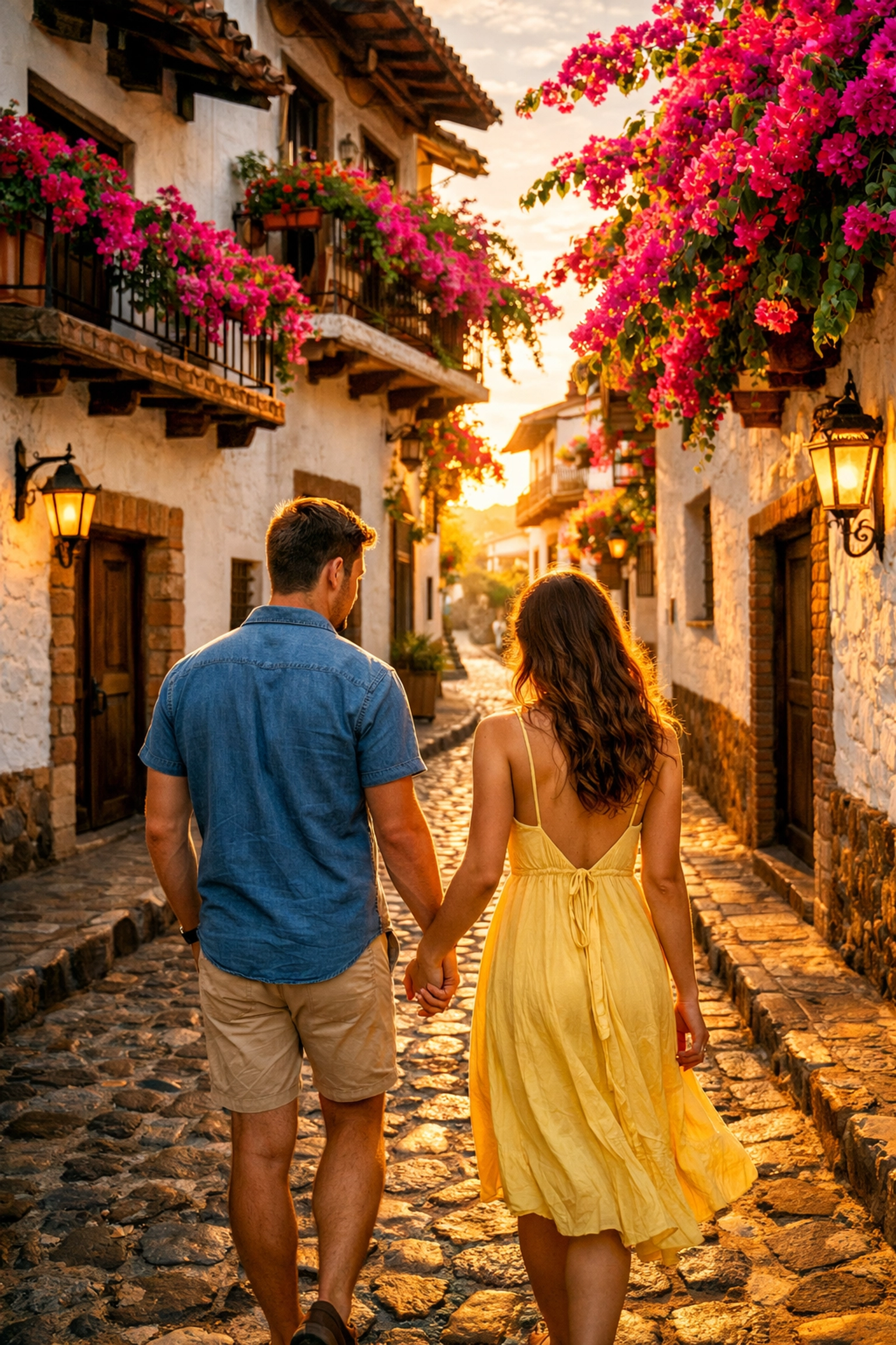 A couple walking through the charming cobblestone streets of Zona Romántica in Puerto Vallarta.