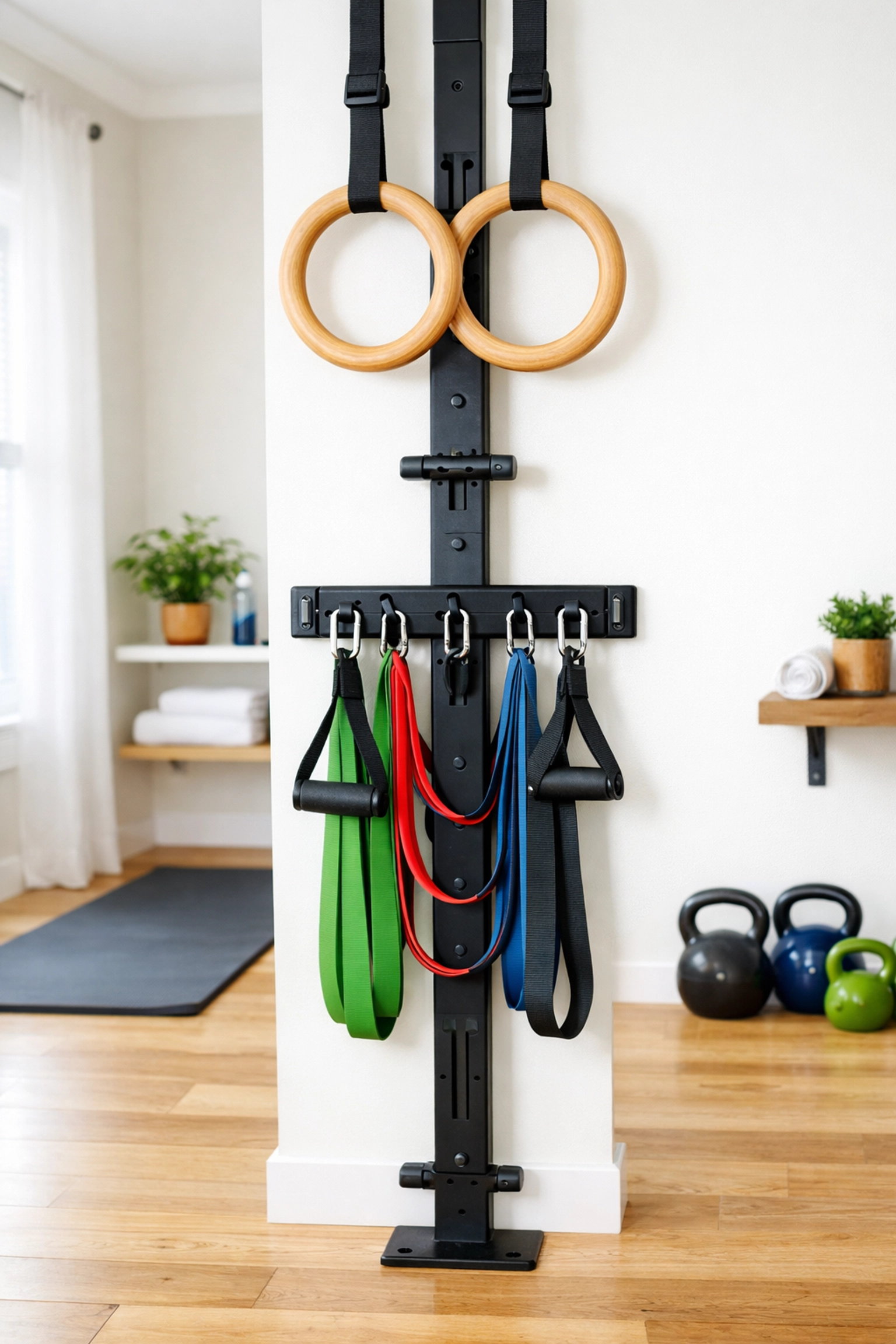Versatile home gym setup with gymnastics rings and resistance bands on a vertical floor-to-ceiling rail.