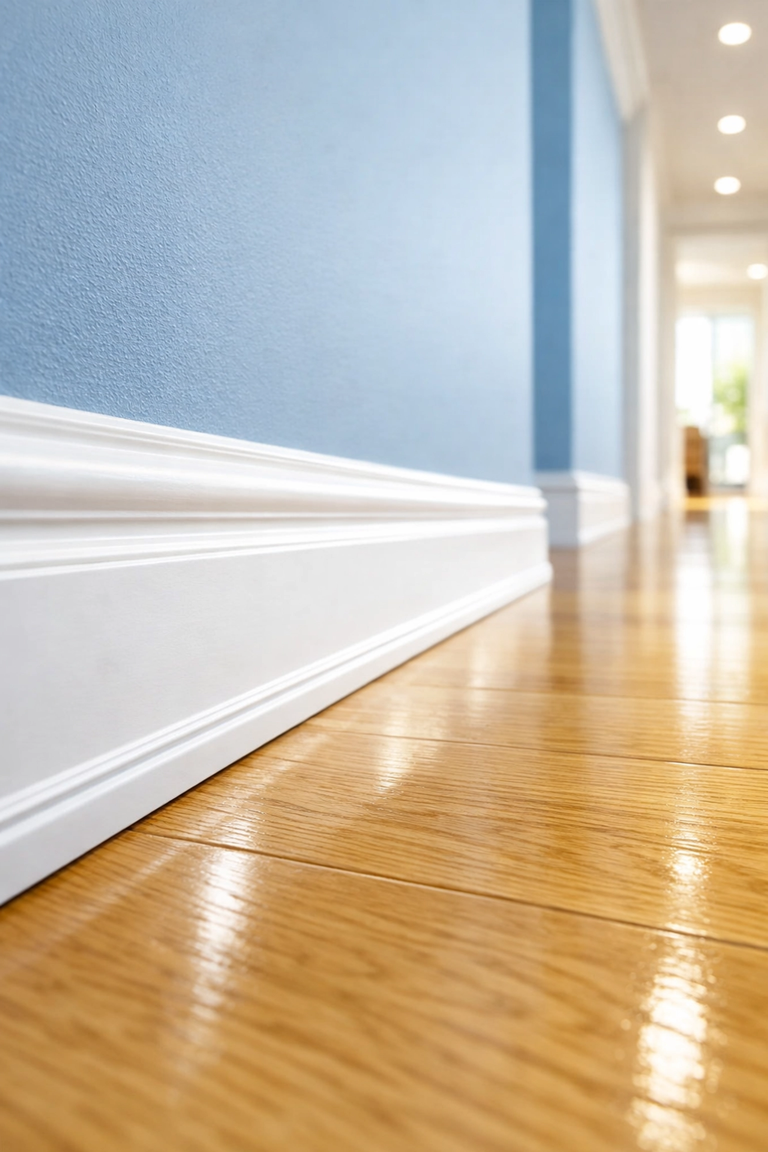 Clean white baseboards and polished wood floors after a professional post-construction cleaning.