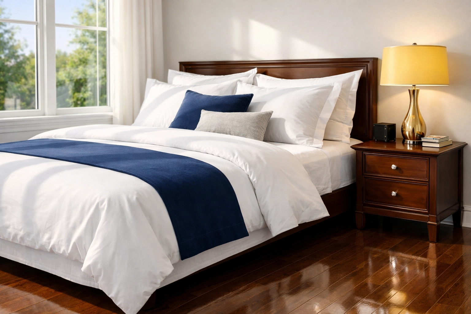 A spotless luxury bedroom with clean windows and dust-free surfaces from professional deep cleaning services.