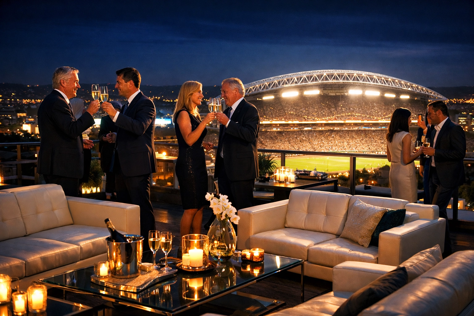 Corporate hospitality lounge overlooking the Super Bowl stadium for elite executive networking.