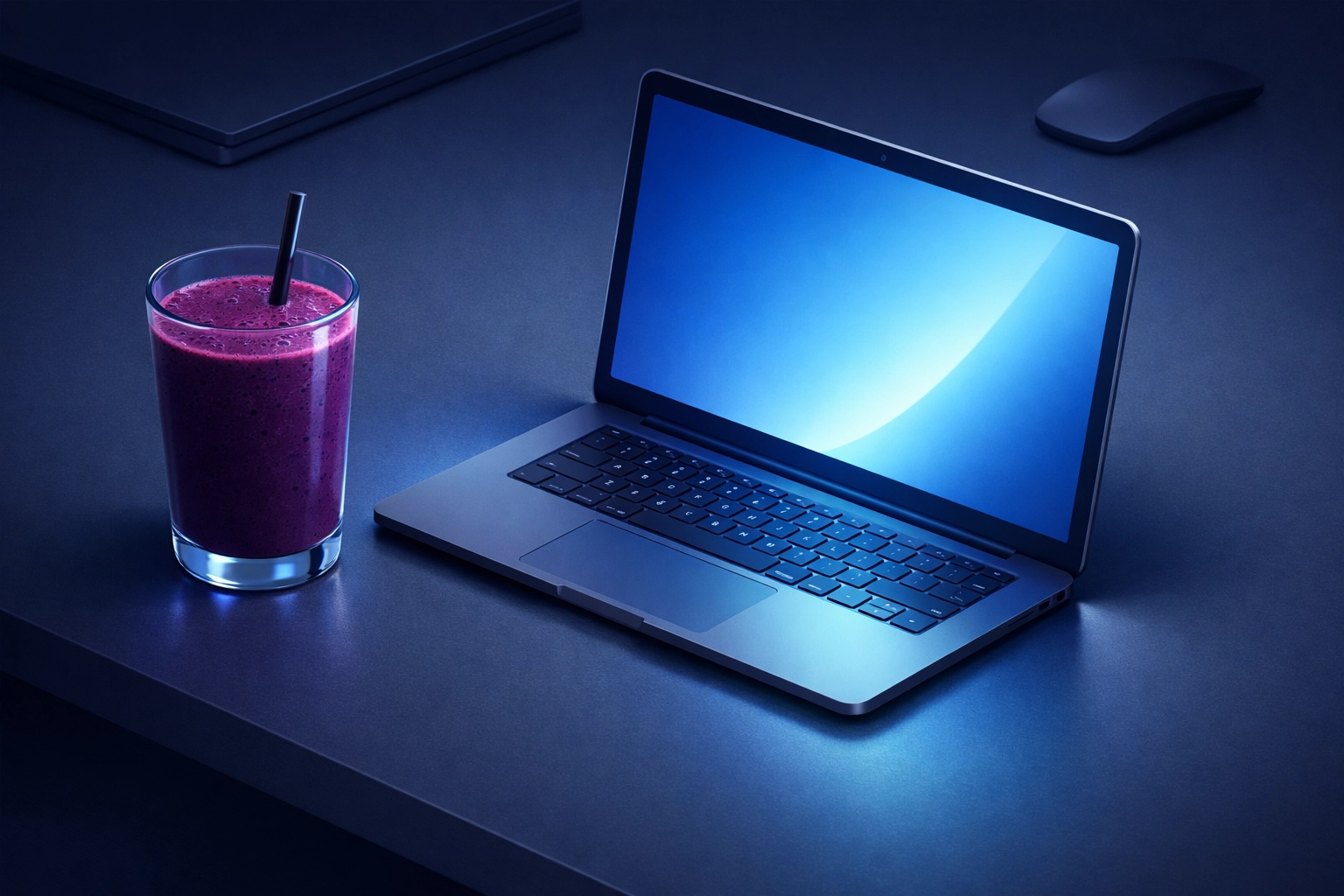 A berry smoothie on a dark workspace desk beside a laptop, promoting mental clarity and sustained focus.