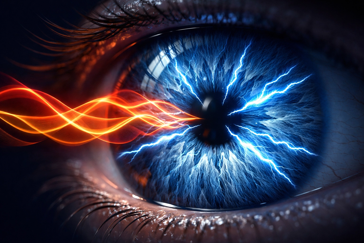 Human eye anatomy showing blue light wavelengths and warm light waves affecting the retina.