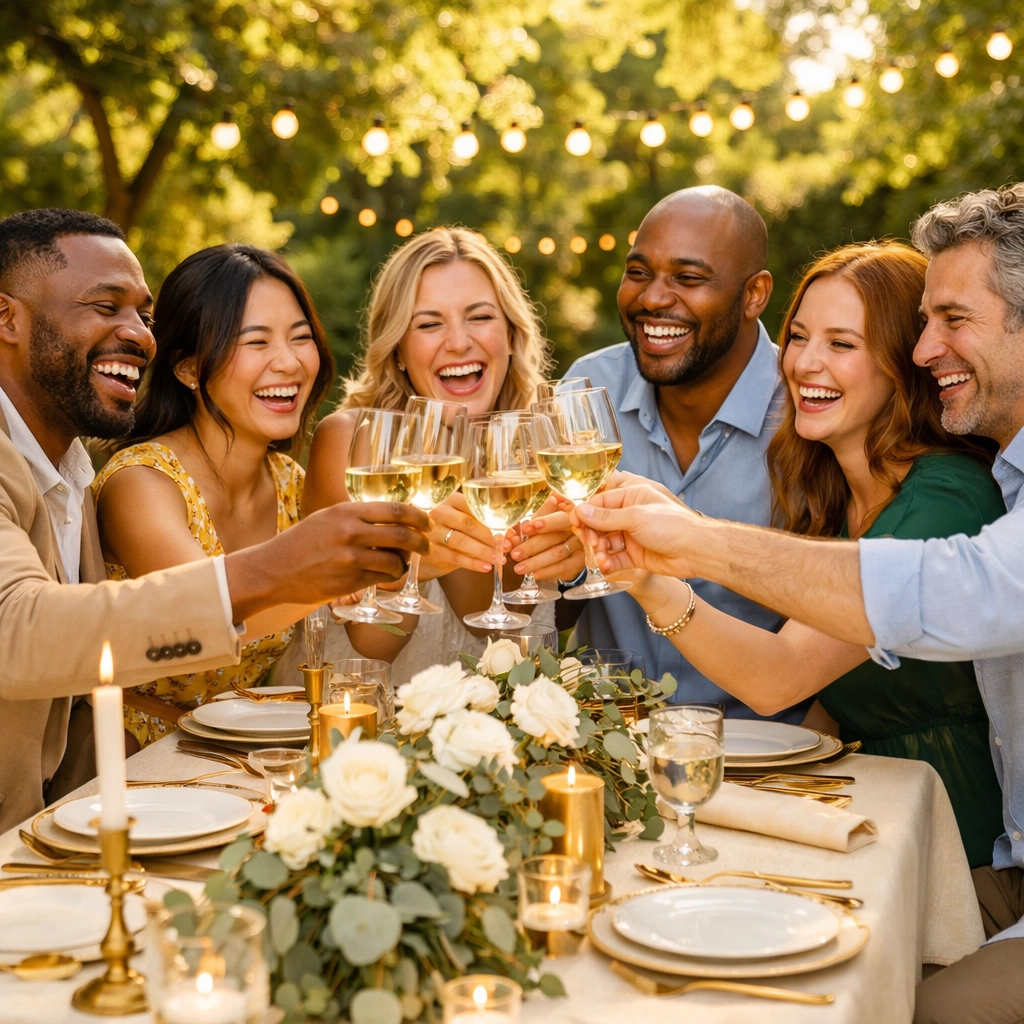 Joyful guests toasting at a community-funded outdoor wedding celebration without financial stress.
