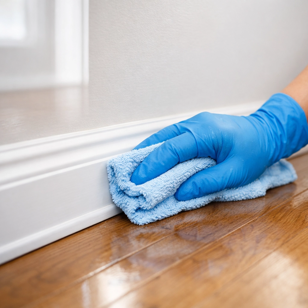 Professional cleaner wiping baseboards during detailed apartment turnover cleaning service