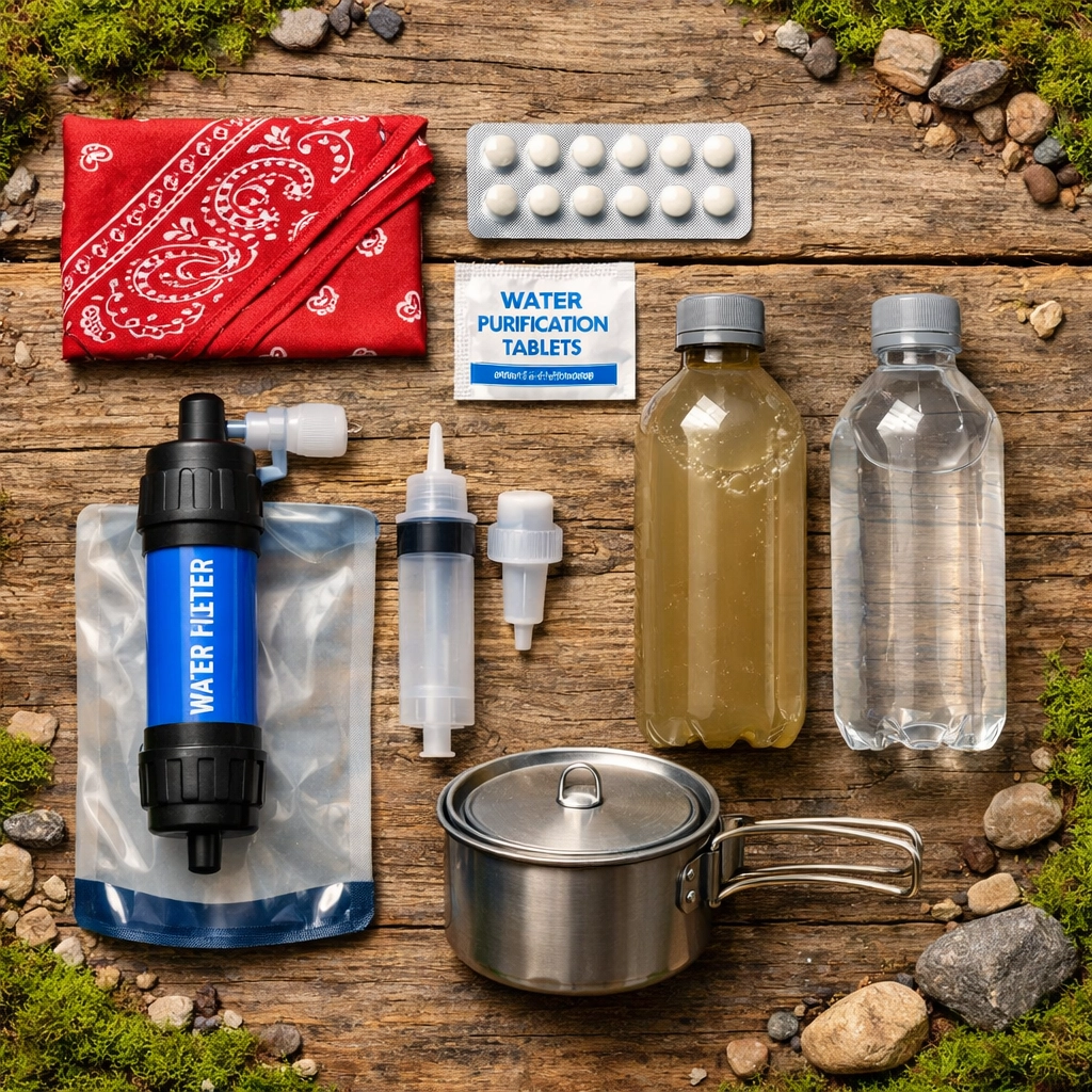 Essential water purification kit for camping adventure UK with filters and tablets