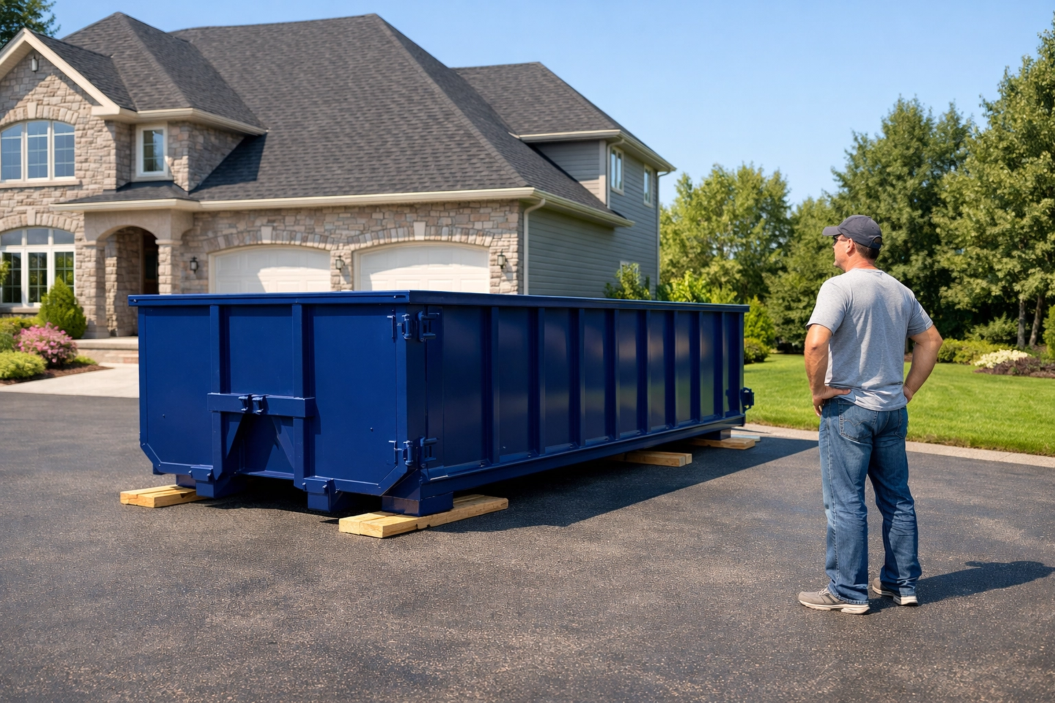 A professional 14-yard blue bin rental on a GTA driveway with protective planks for a clean home renovation.