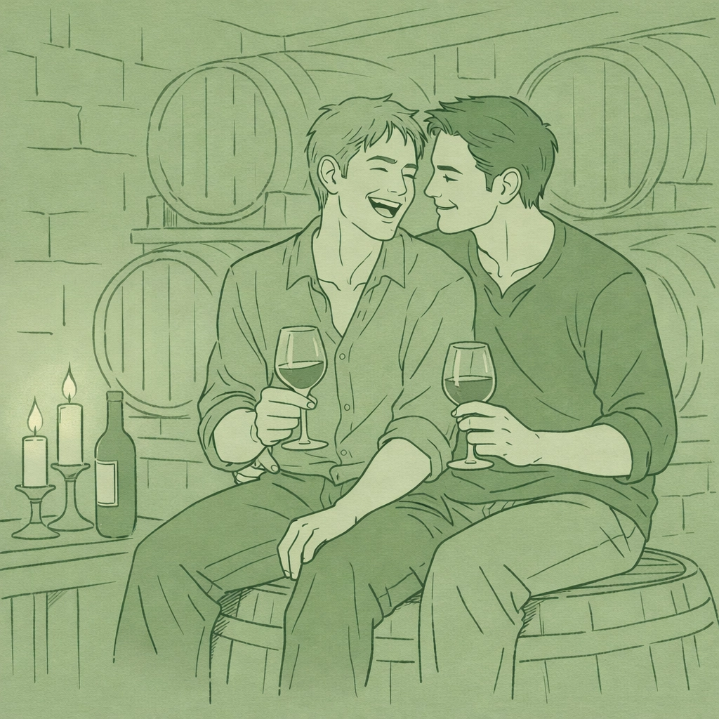 MM romance emotional connection between winemakers in wine cellar with romantic atmosphere