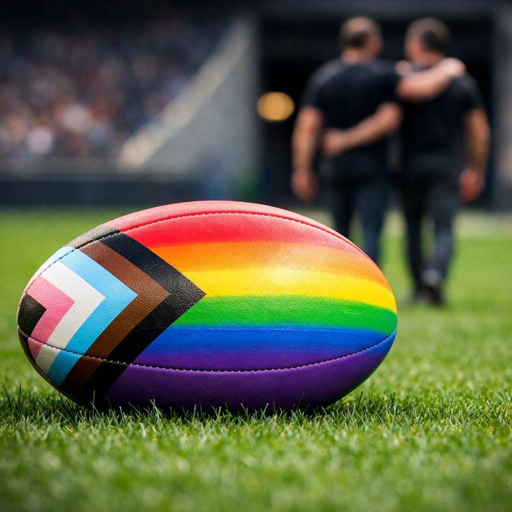 A rugby ball with Pride colors on a green field, representing the growth of sports-themed LGBTQ+ fiction in 2026.
