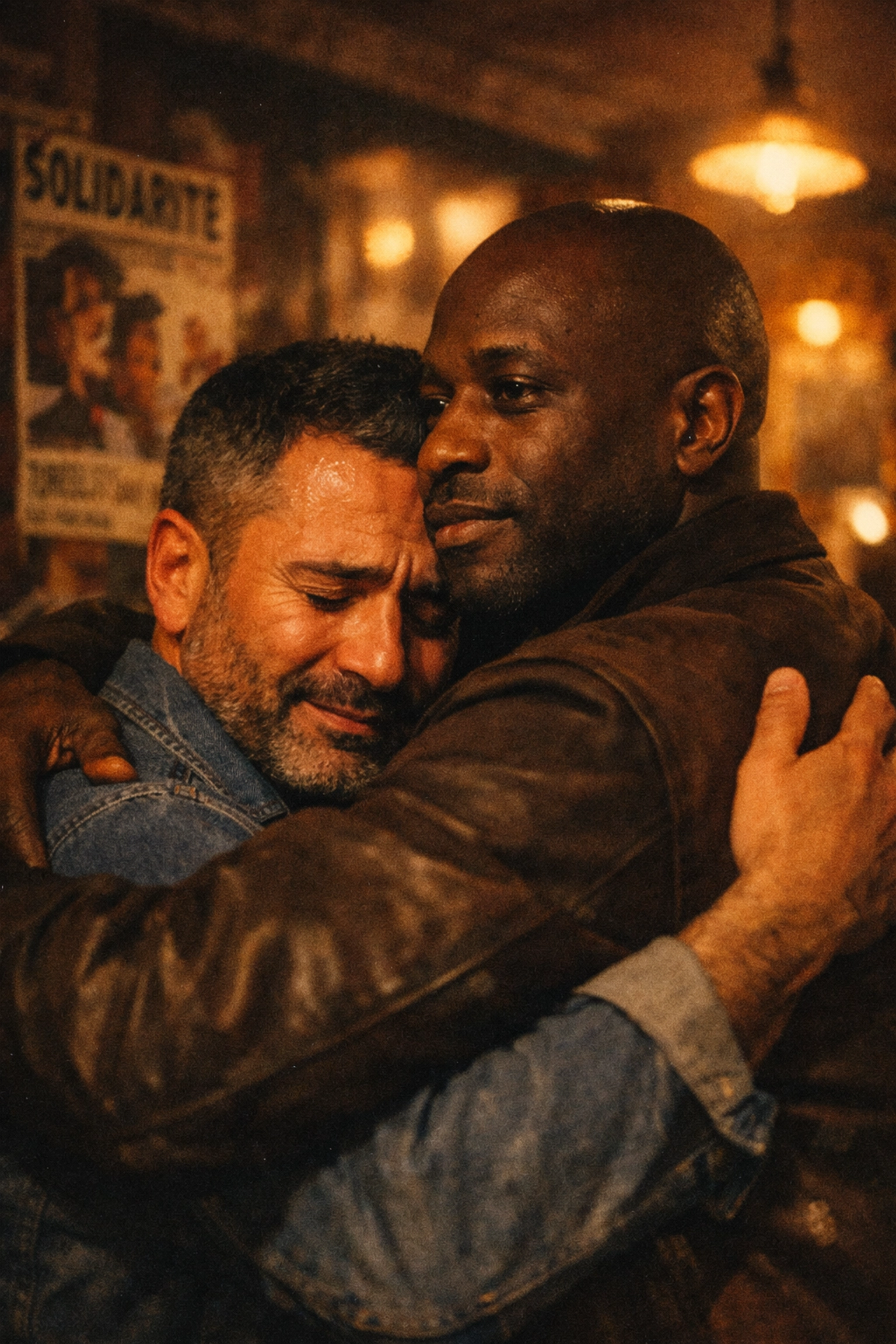 A supportive embrace in a cozy Parisian cafe, echoing the themes of emotional MM books and gay sanctuary.