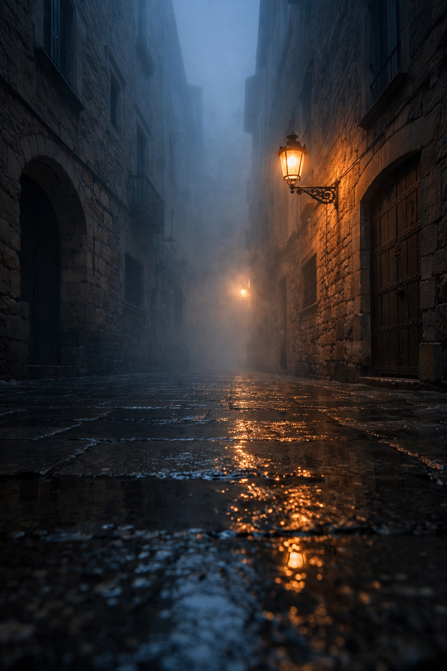 Haunting vacant street photography of an empty foggy cobblestone alley at dawn.