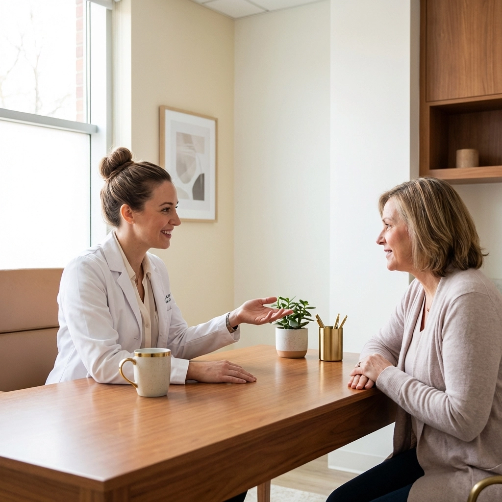 Healthcare provider discussing personalized testosterone therapy options with a female patient, emphasizing trust and open communication.