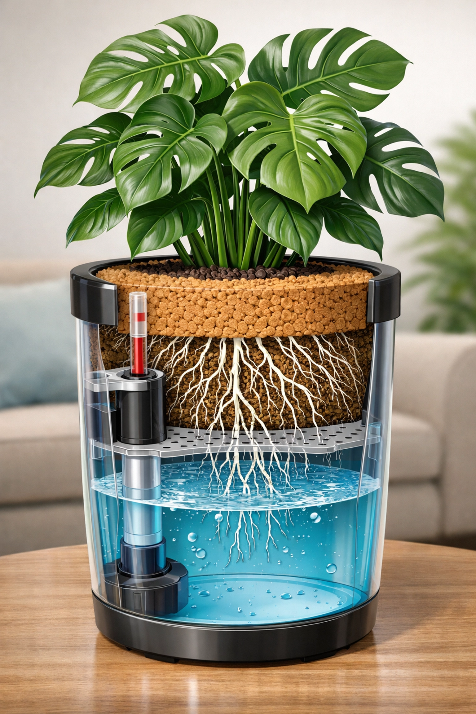 A self-watering sub-irrigation planter showing a hidden water reservoir and healthy plant root system.